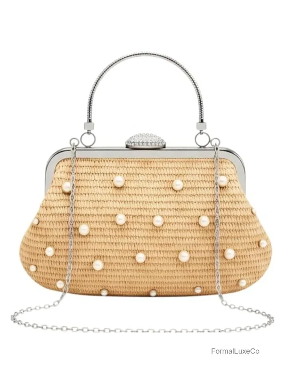 Woven Straw Clutch with Top Handle, Detachable Chain, Evening Bag, Summer Beach